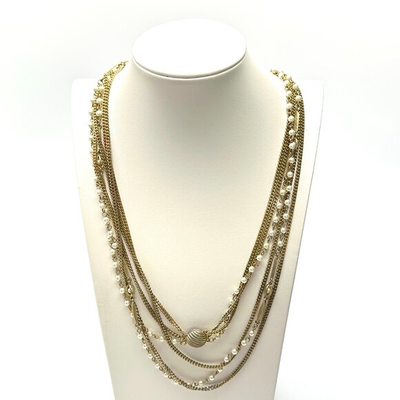 Long 47" Triple-Strand Gold & Pearl Necklace — Vintage 1960s-70s Elegance – EUC - Picture 7 of 8